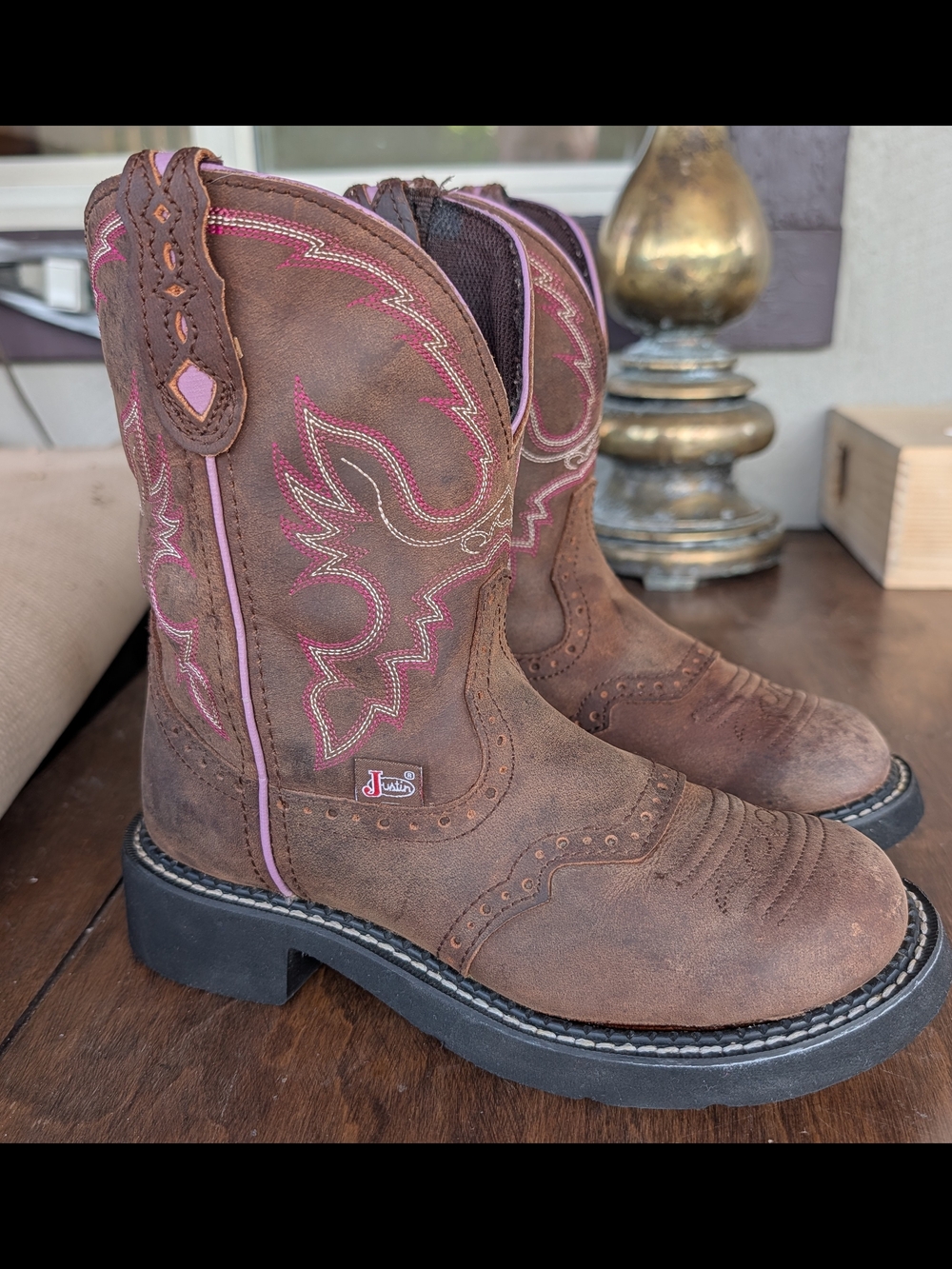 Justin Boots Brown and Pink Girls' Western Heeled Boots